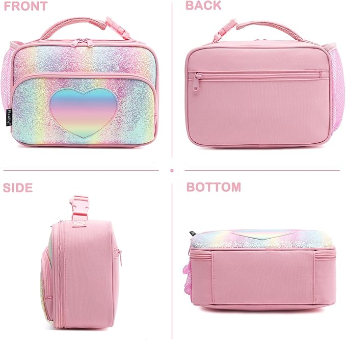 FlowFly Kids Lunch box Insulated Soft Bag Mini Cooler Back to School Thermal Meal Tote Kit for Girls, Boys,Glitter-RainBow