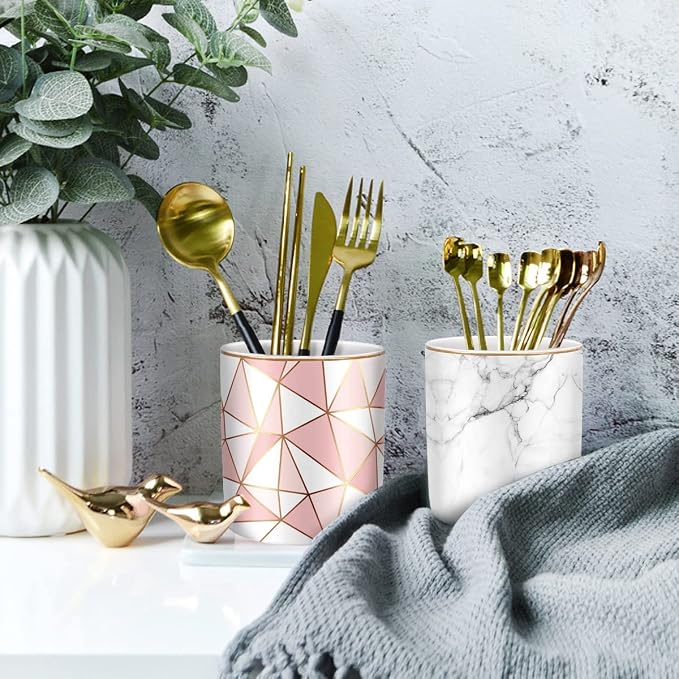 Pen Holder for Desk Cute, Modern Marble Desk Organizer, Durable Ceramic Pencil Cup, Makeup Brush Holder Cup, Multifunctional Office Stationery Holder for Women, Men, White Marble