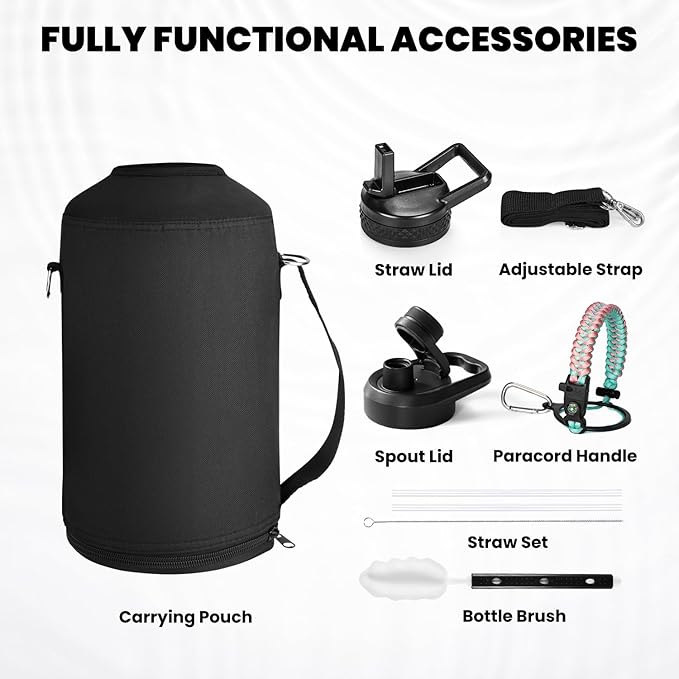 RAYMYLO One Gallon Water Bottle Insulated, Triple Walled Vacuum Stainless Steel (Cold for 48 Hrs), Leak Proof & Non-BPA, Large Water Flask Jug with Paracord Handle & Straw Spout Lids