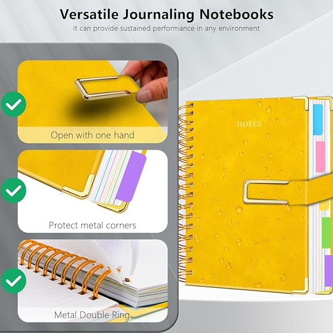 Hardcover Spiral Notebook College Ruled, 6.2"x 8.2" Leather Journal Notebook with Magnetic Closure, 300 Pages 5 Subject Notebook with Dividers Tabs Journal for Women Men, Work, School(Yellow)