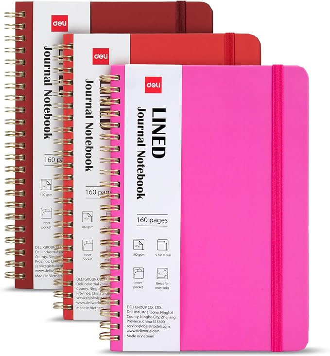deli 3 Pack Lined Spiral Journal Notebook, 160 Pages, A5 (5.5"x8") Hardcover Writing Notebook, College Ruled Spiral Bound Journal for Women & Men - Perfect for Work, School, Office & Note Taking