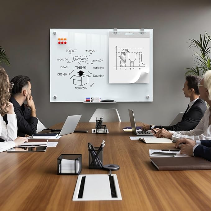 MaxGear Glass Whiteboard 48 x 36 Inch, Tempered Glass Dry Erase Board, Frameless Wall Mounted Magnetic Whiteboard for Office, Home Office, Classroom, Small Team Collaboration