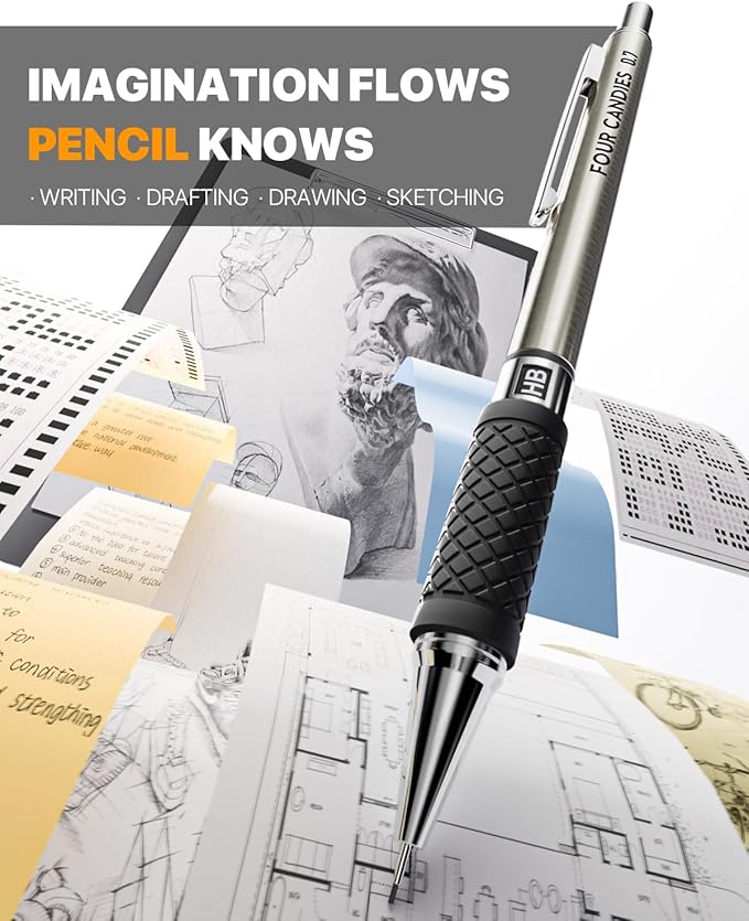 6PCS Metal Mechanical Pencil Set with 0.7mm Medium Point, 360 Leads, 12 Erasers, Art Mechanical Pencils Pack with Storage Case for School Writing, Sketching, Drawing & Professional Drafting