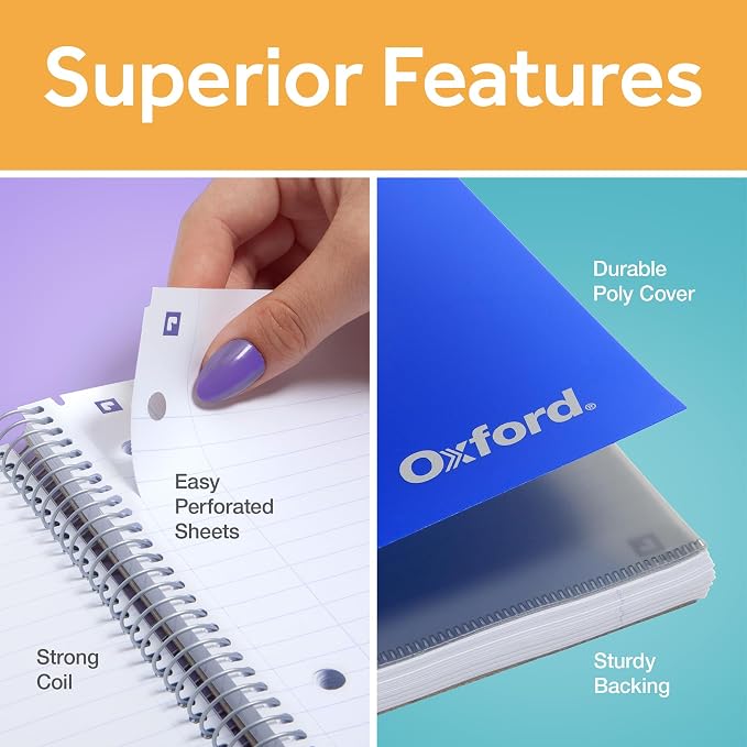 Oxford Spiral Notebook with Free Study App, 1 Subject, College Ruled, Ultra Smooth Paper, No Ink Bleed-Through, Strong Poly Blue Cover, Durable 2 Sided Pocket, 100 Easy Perforated 8.5" x 11" Sheets