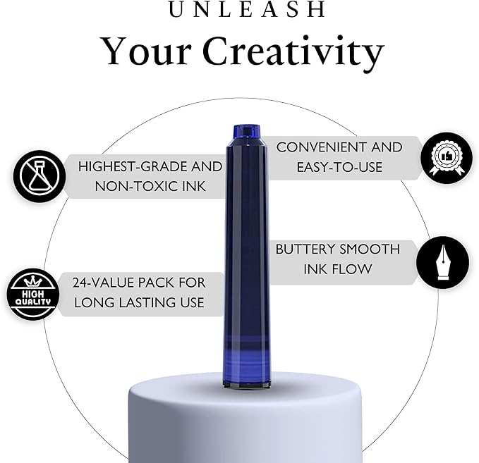 Ellington Pens 24 Vibrant Fountain Pen Ink Refills - 24 Pack International Standard Size Cartridges - Ink for Fountain Pens - Premium Quality & Non-Toxic, Long-Lasting & Waterproof, Dries Quickly