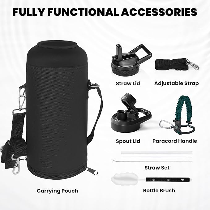 RAYMYLO Insulated Water Bottle 87 oz, Triple Wall Vacuum Stainless Steel (Cold for 48 Hrs), Leak Proof & Non-BPA, Modern Water Flask Jug with Paracord Handle & Straw Spout Lids, Dark Green