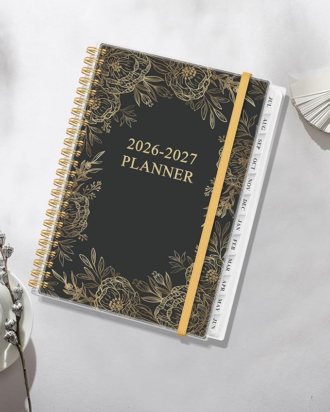 Academic Planner 2026-2027 - Weekly & Monthly Planner from July 2026 to June 2027, Agenda 2026 2027 with Inner Pocket, Elastic Band, 6.4" x 8.5", Gold Floral Black