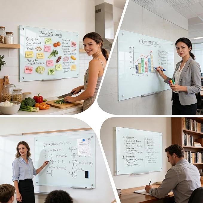 Magnetic Glass Dry Erase Board 36x24 Inch, Frameless Tempered Glass Whiteboard, Wall Mounted White Writing Board for Multiple Uses