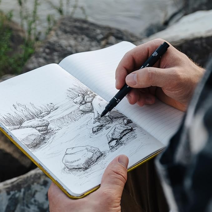 Stone Journal Explorer Notebook – A5 Waterproof Paper Field Journal, Vegan Leather Hardcover, 144 Pages Alternating Ruled & Dot Grid, Back Pocket, Weather-Resistant (Yellow)
