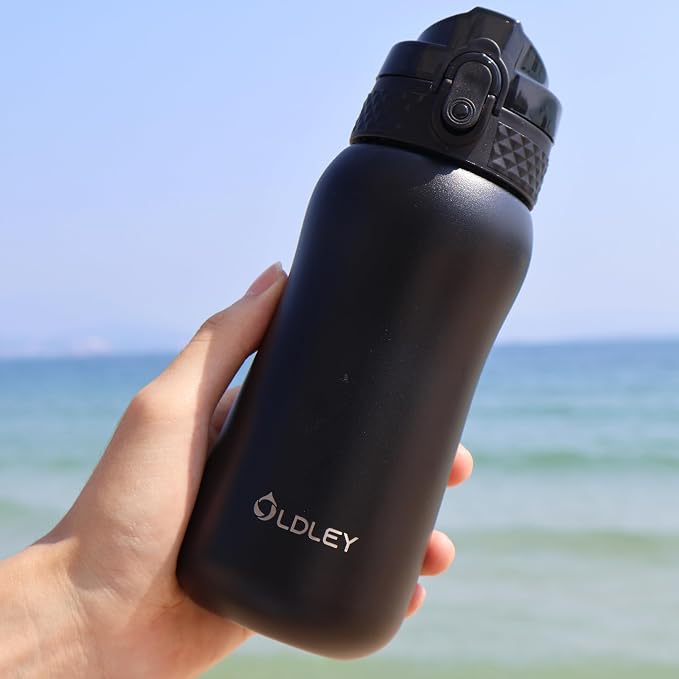 Oldley Insulated Water Bottle 12oz Water Bottles with Straw, Stainless Steel Water Bottle with 2 Lids, Double Wall Vacuum Bottels for Adults Kids, Leak-Proof Sport Bottles for School Travel, Black