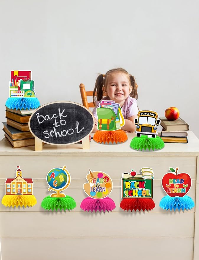 Back to School Table Decorations - 9 Pcs Welcome Back to School centerpieces for tables Bus Stationery Chalkboard Honeycomb Centerpiece Table Toppers for Teachers Students Classroom Supplies