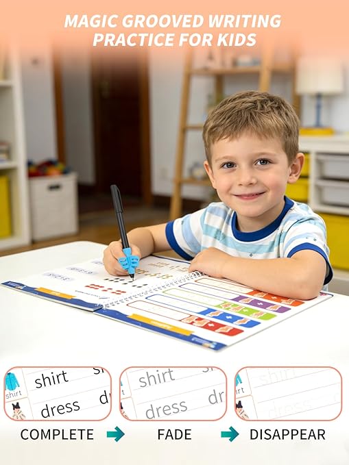 Magic Grooved Writing Practice for Kids Ages 3-8, Reusable Handwriting Workbooks for Preschool Learning, Letters Numbers Math & Drawing Tracing Books with Disappearing Ink Pens, Educational Gift