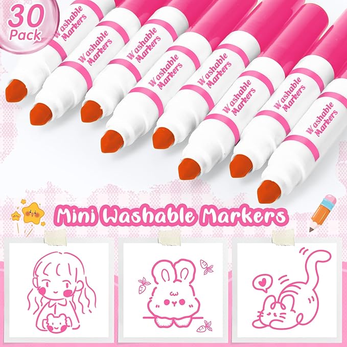 30 Pcs Mini Washable Markers Bulk Broad Line Conical Tip Washable Mark Pen Set Short Coloring Paint Pen for Art Projects Teacher Party Favors Classroom(Pink)