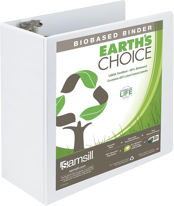 Samsill Plant-Based 5 Inch Durable D- Ring, View Binder, Eco-Friendly, USDA Certified Biobased, White