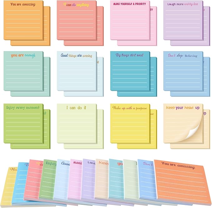 Yinder 24 Pcs Inspirational Sticky Notes Cute Motivational Sticky Notes Pad End of Year Employee Appreciation Gifts Bulk for Teacher Nurse Coworkers Office Supplies 3 x 3'' (Inspirational,Light Color)