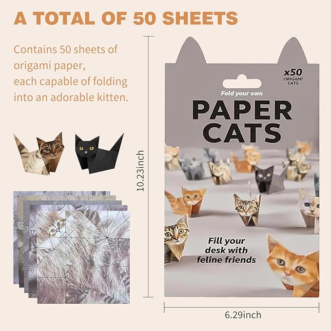 3D Origami Paper Cat Kit-50 Pre-Cut Sheets with Easy Fold Lines for DIY Desk Decor | Creative Crafts,Unique Stocking Stuffers&Fun Gift for Cat Lovers