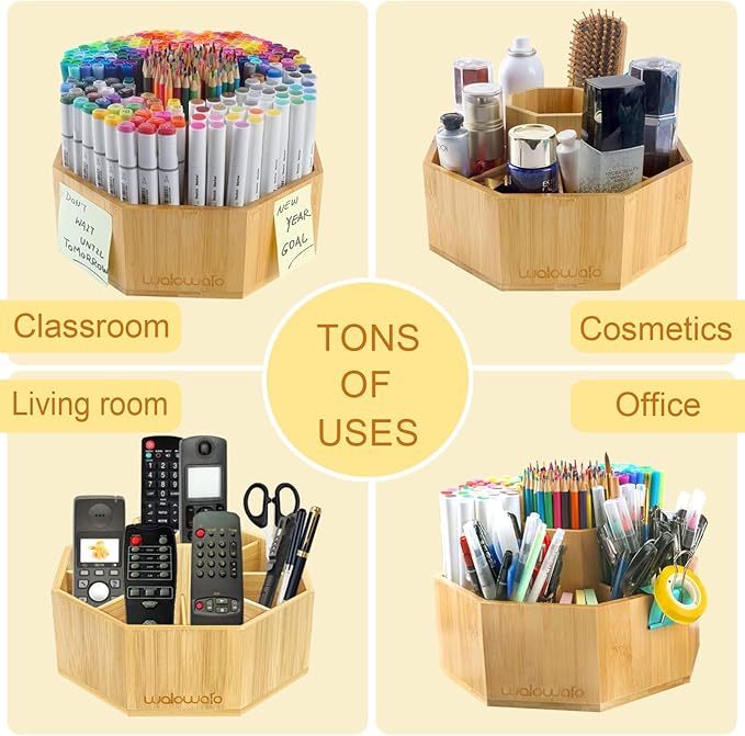 walowalo Bamboo Rotating Art Supply Organizer Caddy Holds 800+ Pencils Spinning Crayon 160 Marker Holder Desk Brush Colored Pencil Storage for Office Classroom Organization Stationary (Larger VER)