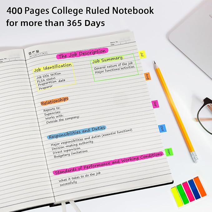 Notebook Journal, 8.5" x 11", 400 Pages College Ruled Notebook, Leather Journal for Women Men, Thick Journals for Writing, 125pcs Sticky Tabs, Inner Pocket, A4 Large Notebooks for Work School, Green