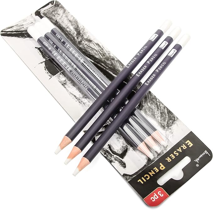 Brusarth 3pc Eraser Set - Fine Detail Eraser for Sketching, Charcoal Drawings & Colored Pencils