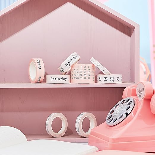 Chuangdi 9 Rolls Calendar Washi Tape Set Day Week Month Number Vintage Calendar Date Washi Masking Tape Decorative Patterned Marking for Arts Crafts Journal Planner (Light Brown, Beige, Pink)