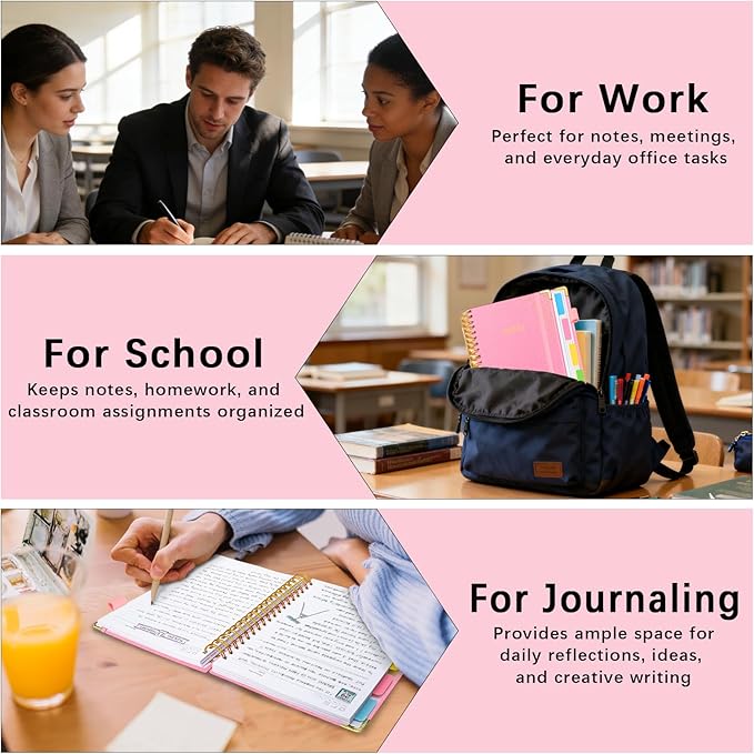 Hardcover Spiral Notebook with Removable Dividers & Tabs, 8"x10" 5 Subject Notebooks for Work, 300 Pages College Ruled Notebook, B5 Sparkle Lined Journal for Women Girls Note-Taking (Pink)