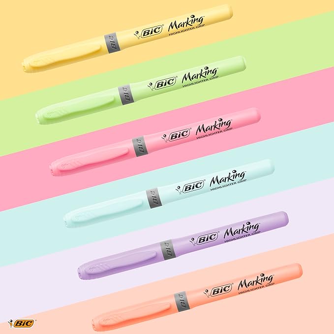 BIC Highlighter Grip Pastel, Highlighter Pens with Adjustable Chisel Tip, Rubber Grip for Extra Comfort, Assorted Colours, Pack of 6