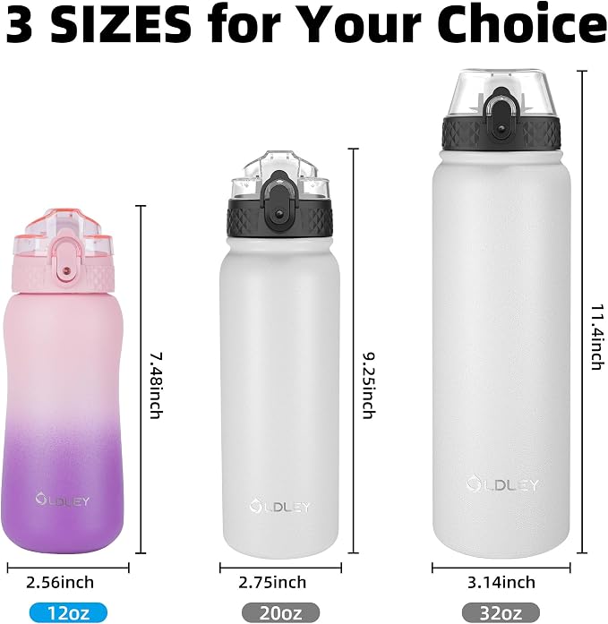Oldley Insulated Water Bottle 12oz Kids Water Bottles with Straw, Stainless Steel Water Bottle with 2 Lids,Double Wall Vacuum Bottle, Leak-Proof Sport Bottles for School Travel, Ombre Pink-Purple