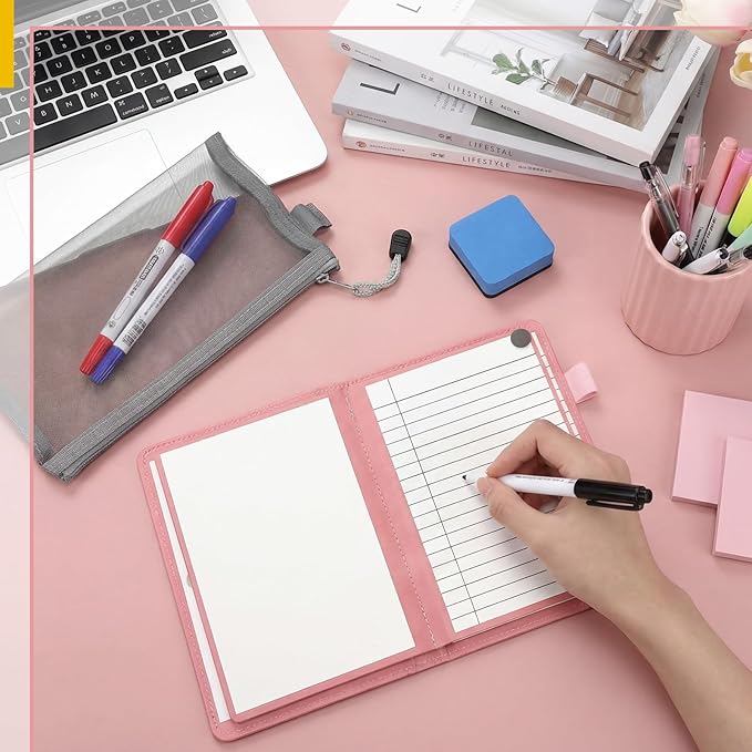 Feifeiya 6 Sides Dry Erase Notebook Portable Whiteboards Notebook Small Reusable College Ruled Lined Board Folding Mini Travel Dry Erase White Board for Office Study(Pink,A6: 5 x 7 Inches)