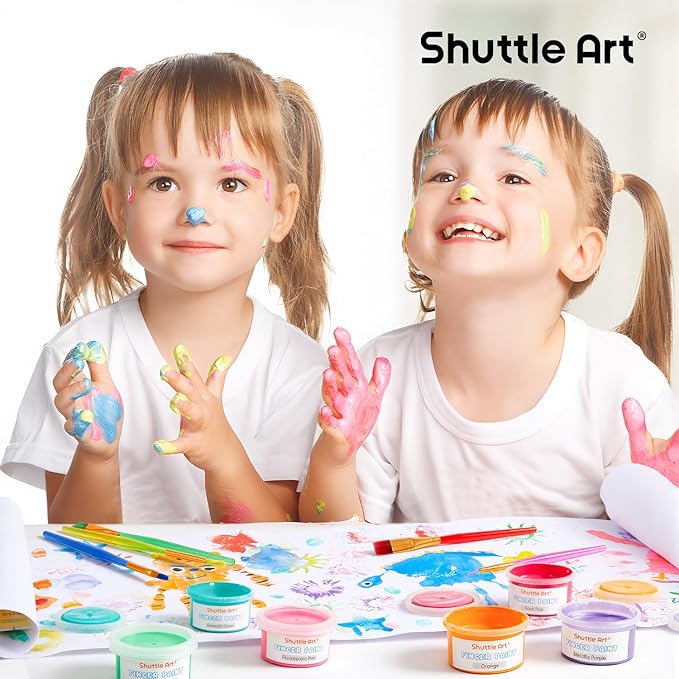 Shuttle Art Washable Finger Paint, 44 PCS with 36 Colors (1 fl oz) Toddler Paint, Paint Brushes, Palette, Non-Toxic Finger Painting for Toddlers