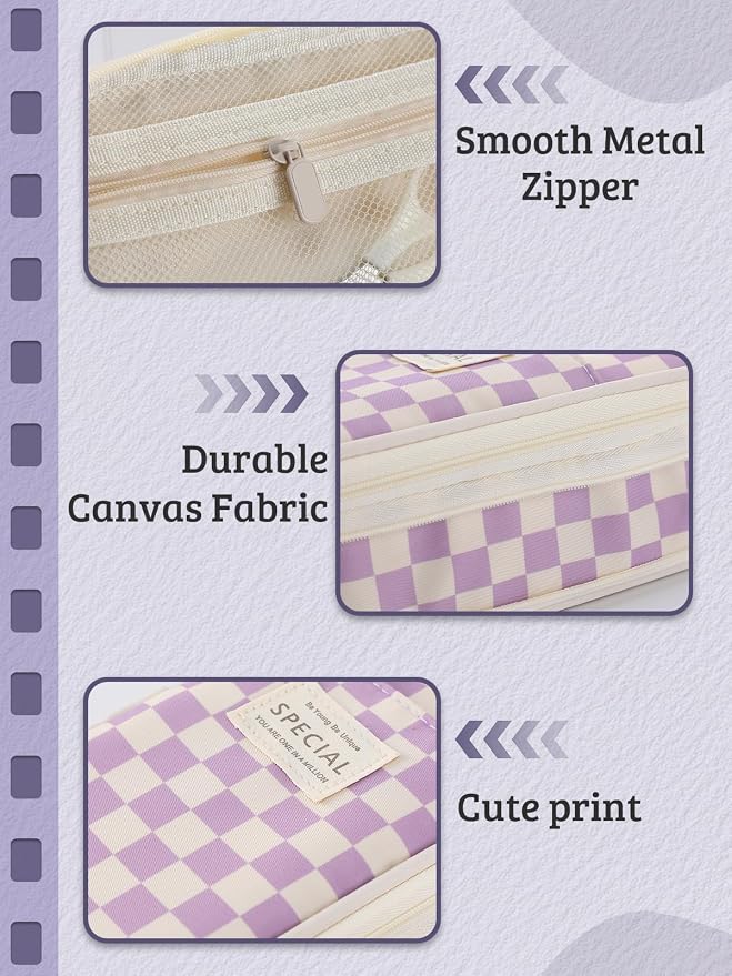 Bigmeta Gingham Expandable Pencil Case for Teens Girls - Purple | Zipper Gusset for Adjustable Capacity, Checkered Cute Pencil Pouch, Stationery Bag Box for Student Back to School Gifts