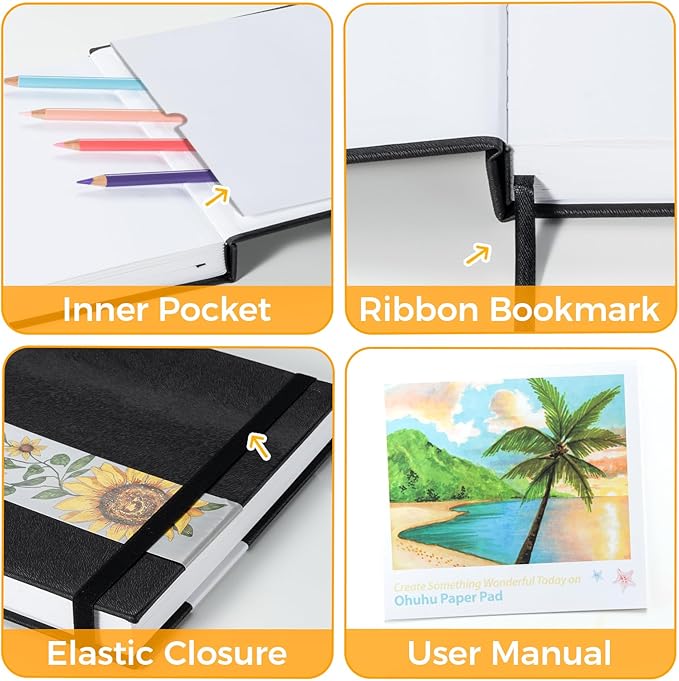 Marker Pads Art Sketchbook, Ohuhu 120LB/200GSM Heavy Smooth Drawing Papers, 30 Sheets/60 Pages, Hardcover Sketch Book, Specially Designed for Alcohol Markers (6.9" x 6.5")