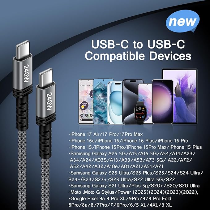 for iPhone 17 Pro Max Carplay USB C to USB C Cable 3FT Fast Charging for iPhone 17 Air 16E 16 Pro Max 16 Plus 15,240W USBC to USBC Car Charger Cable for Samsung Galaxy S25 Ultra S24S26/S26 Ultra/S26+