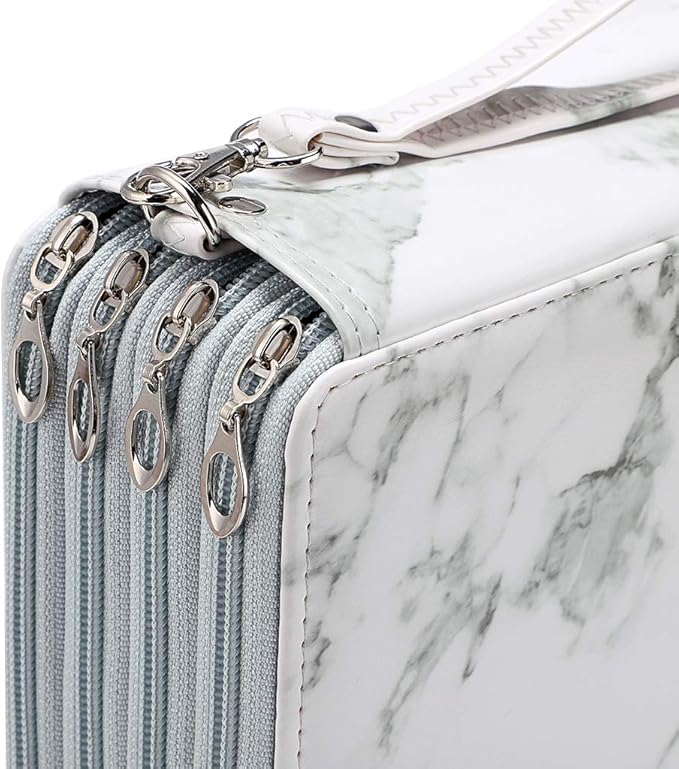 BTSKY 200 Slots Colored Pencil Organizer - Deluxe PU Leather Pencil Case Holder With Removal Handle Strap Pencil Box Large for Colored Pencils Watercolor Pencils White Marble