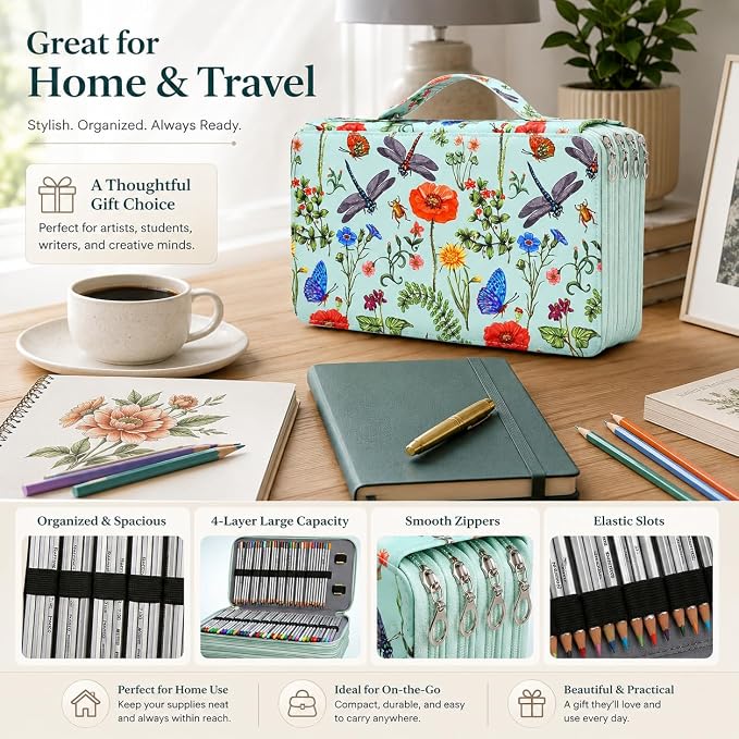 300 Slots Colored Pencil Case Organizer, 4 Layer Bag | Twill Oxford fabric,103 elastic loops,detachable handle,for travel,home storage,drawing tools,creative gifts