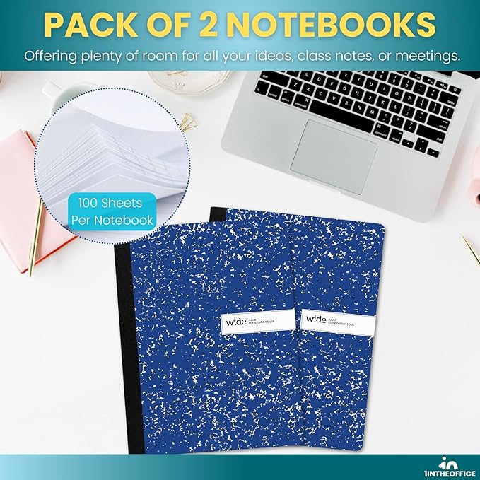 1InTheOffice Composition Notebook Wide Ruled, Wide Ruled Notebook, Marble Notebook, 7 1/2" x 9 3/4", 100 Sheets/Pack, Blue, 2 Pack