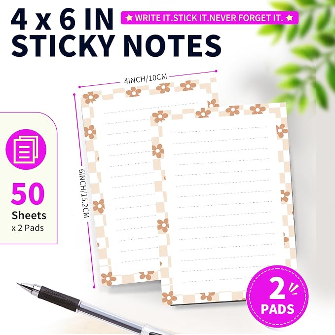 Lined Sticky Notes 4x6 in, 2 Pack Large Cute Notepads with Lines Self-Stick Note Pad, Funny Memo Pads Strong Adhesive for Office, Home Cute Checkerboard Flowers
