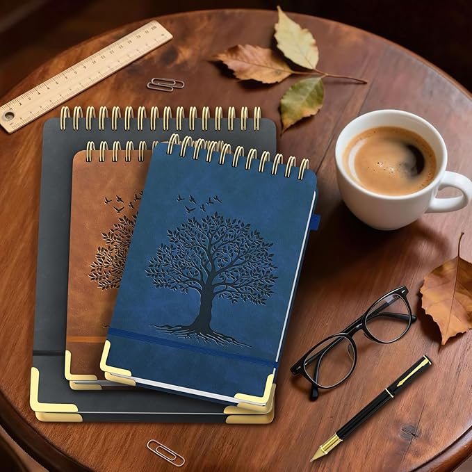 A5 Top Spiral Notebook, Tree Pattern Large Leather Hardcover Left Handed Journal, 240 Pages 100 Gsm Lined Paper Top Bound Steno Pads for Work, School, Travel Writing - Black, 5.9" x 8.5"
