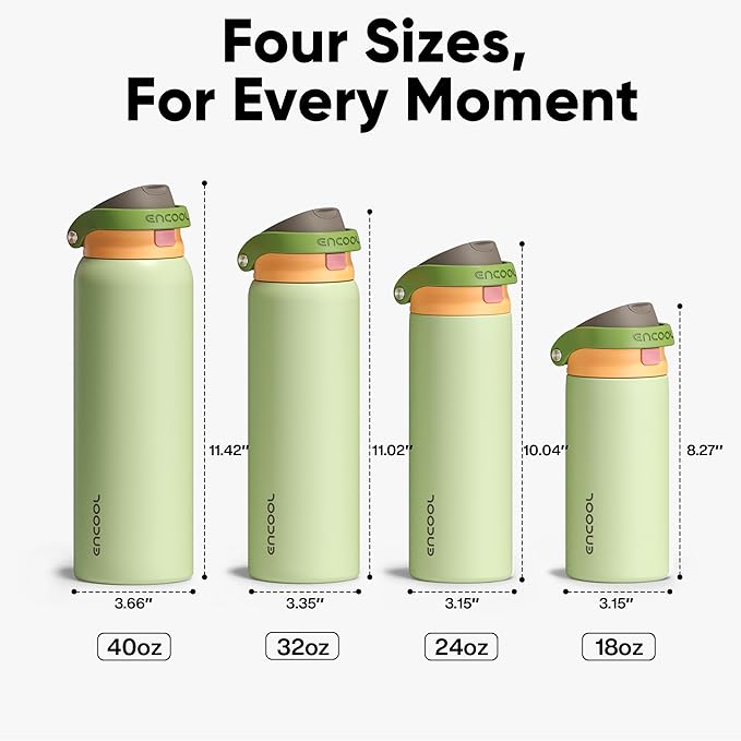 ENCOOL Leakproof Insulated Water Bottle with Straw Dual-Sip Water Bottle Bag-Safe Design for Work, Commute & Gym – Keeps Drinks Cold All Day, 40 oz, Sage Green