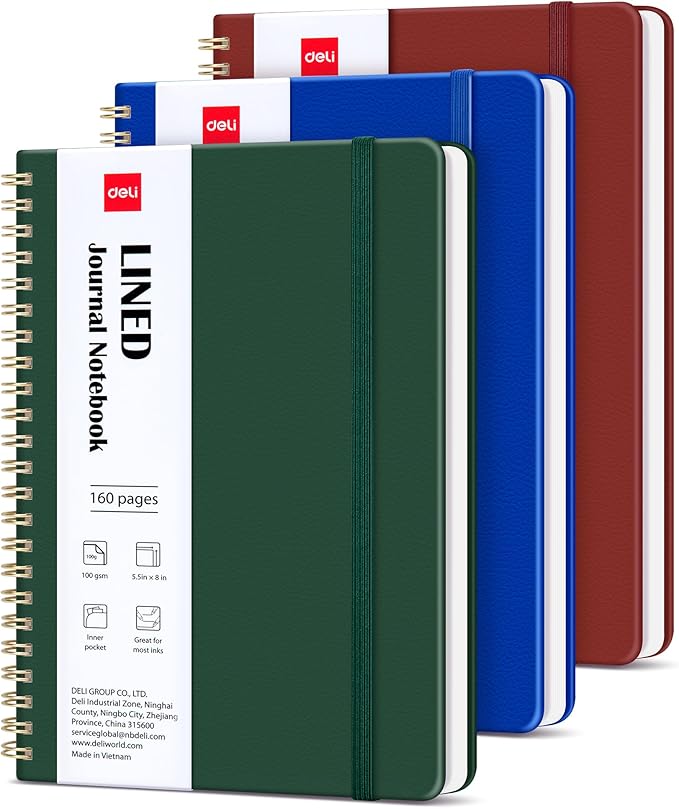 deli 3 Pack Lined Spiral Journal Notebook, 160 Pages, A5 (5.5"x8") Hardcover Writing Notebook, College Ruled Spiral Bound Journal for Women & Men - Perfect for Work, School, Office & Note Taking