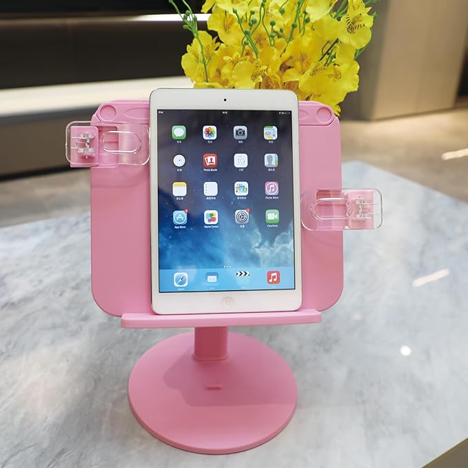 Kids Book Stand, Adjustable Reading Holder, Thick Base, Foldable Reading Stand with Elastic Page Clips, for 8.5"×11" or Smaller, Gift for Children, Pink