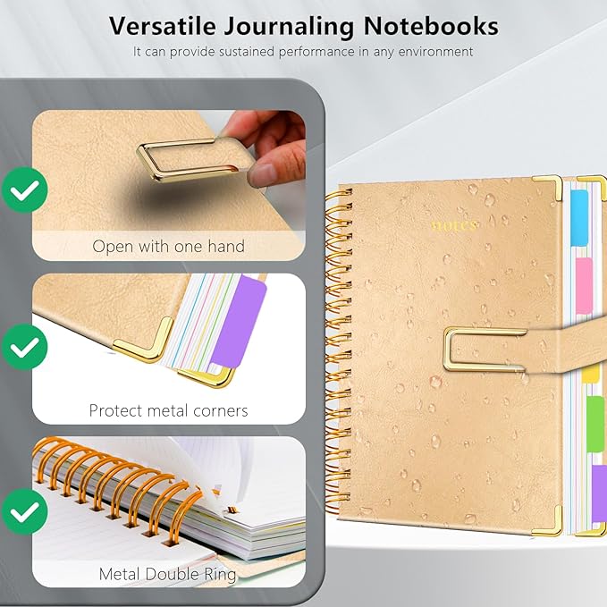 Hardcover Spiral Notebook College Ruled, 8.5"x11" Leather Journal Notebook with Magnetic Closure, 300 Pages 5 Subject Notebook with Dividers Tabs Journal for Women Men, Work, School(Golden)