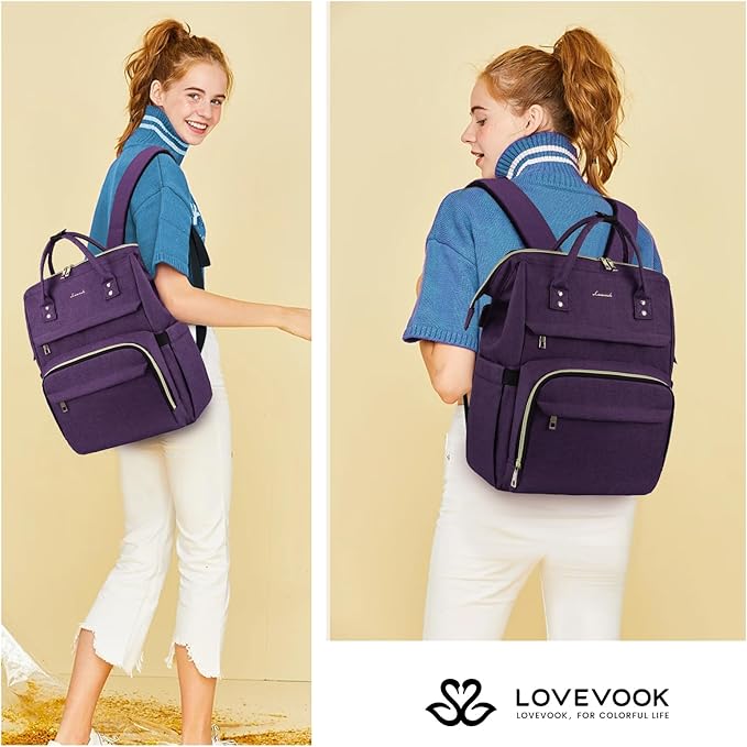 LOVEVOOK Laptop Backpack for Women,15.6 Inch Professional Womens Travel Backpack Purse Computer Laptop Bag Nurse Teacher Backpack,Waterproof Work Bags Carry on Back Pack with USB Port,Dark Purple