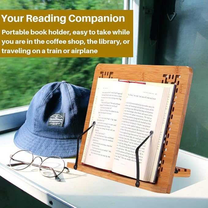 Portable Bamboo Adjustable Book Stand Holder Tray Cookbook Reading Desk Sturdy Lightweight Bookstand-Textbooks Bookstands Music Books Tablet Stands (Hollow(11.2" x 8.3"))