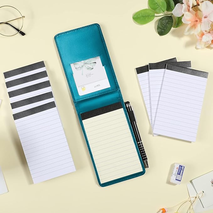 Outus 10 Pcs Mini Pocket Notepad Holder Set Included Small Leather Pocket Notebook Holder with 50 Lined Sheets, Metal Pen, 8 Pcs 3 x 5 Inch Memo Book Refills, 30 Lined Paper Per Note Pad (Sky Blue)