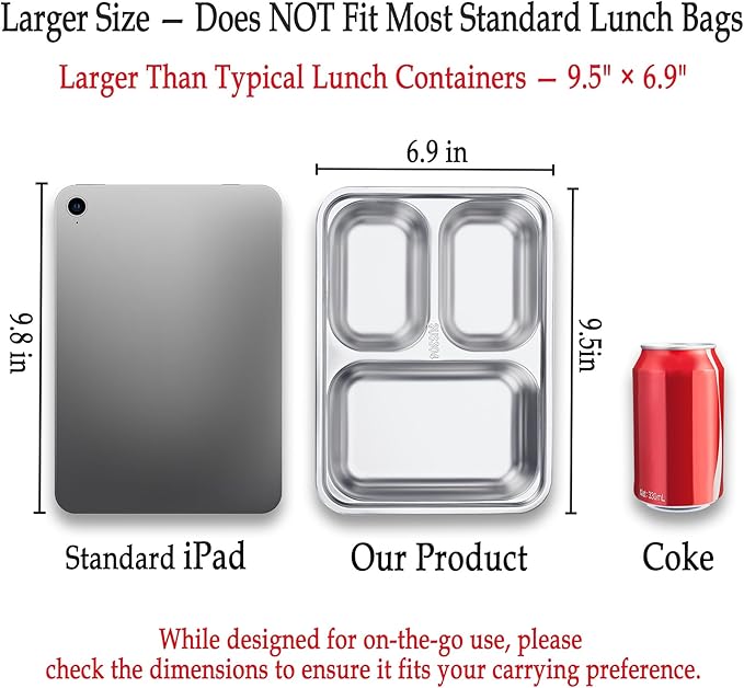 KTKUDY 3 Pack Stainless Steel Snack & Lunch Containers with Plastic Lids - Meal Prep Containers 3 Compartments - Metal Bento Lunch Boxes for Kids & Adults - Not 100% Leakproof - Toddler & Kids Plates