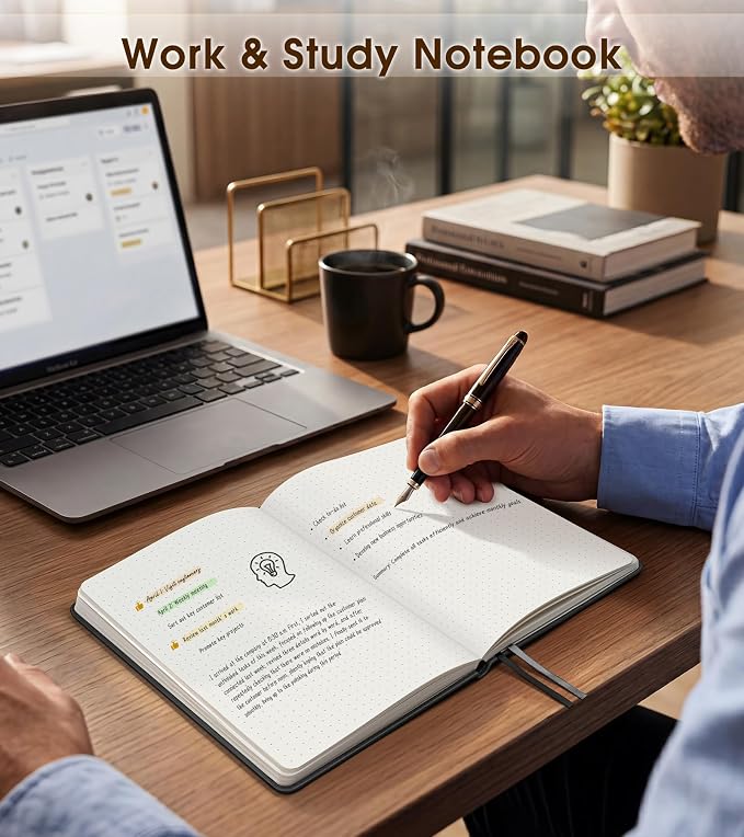 Dotted Journal Notebook, A5 Leather Hardcover, 160 Pages, 180° Lay-Flat Binding, 100 GSM Thick Paper, Dot Grid for Bullet Journaling, Planning & Daily Organization (Black)