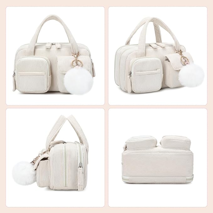 Pencil Case Corduroy Multiple Compartments Pouch Bag for Girl, Off White