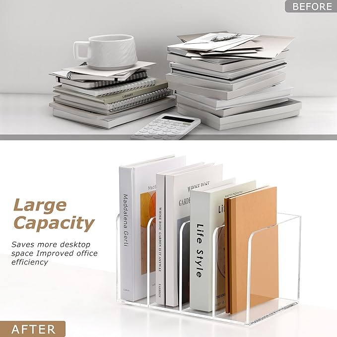 SANRUI Acrylic Magazine Holder Desk Organizer Workspace Sorters,Clear Bookend File Sorter Holder,Folder Rack, Office Accessories Organization Storage with 4 Vertical Compartments