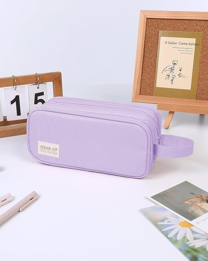 SKYDUE Large Capacity Pencil Case with Handle, 3 Compartment Canvas Pencil Pouch, Cute Soft Color Pencil Bag for Pens, Markers, Aesthetic Stationery and Organizer for Teen Girls Adult, Purple