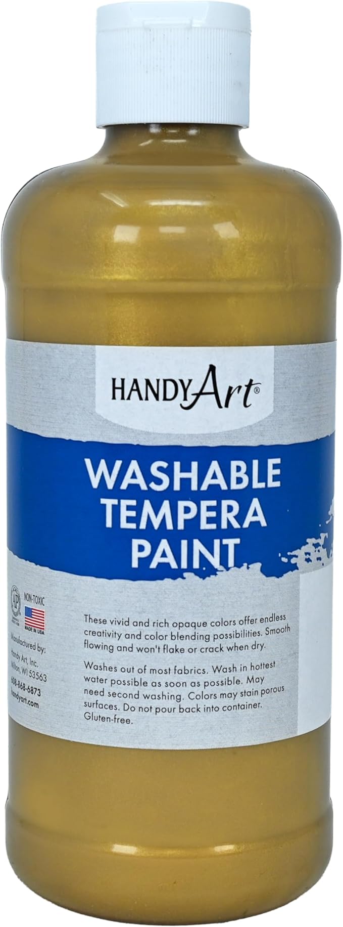Handy Art Washable Tempera Paint, Metallic Gold, 16 oz Bottle, Bright & Mixable, High Opacity, Washable Colors for Classroom, Students, Kids, Young Artists, Safe & Non-Toxic, Made in USA